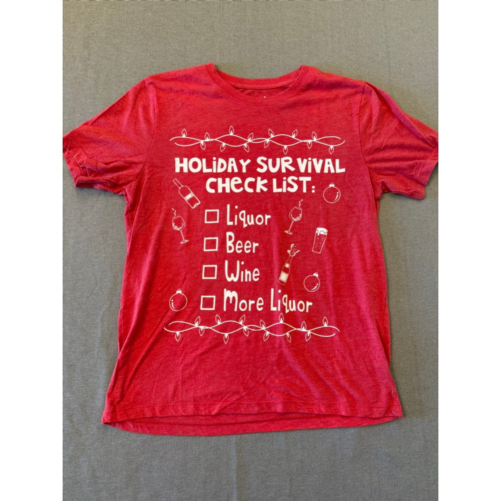 Christmas Tee Holiday Survival Checklist Size M Red Liquor Beer Wine More Liquor - Picture 6 of 7